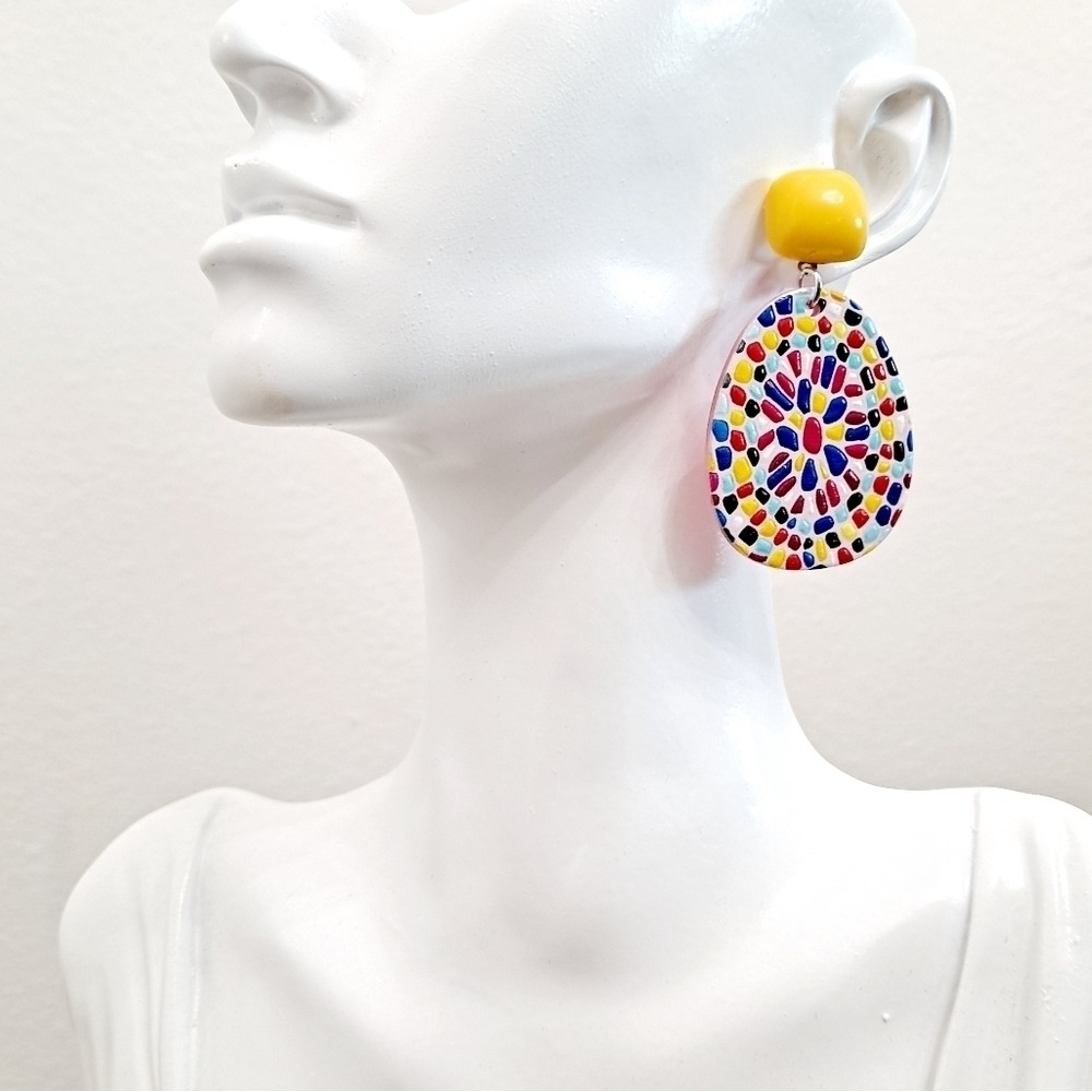 Boho statement earrings Large dangle mosaic art yellow tropical jewelry 💖2/$30